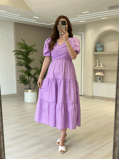 Göğsü Çapraz Bağlamalı Beli Lastikli Puantiyeli Elbise Lila