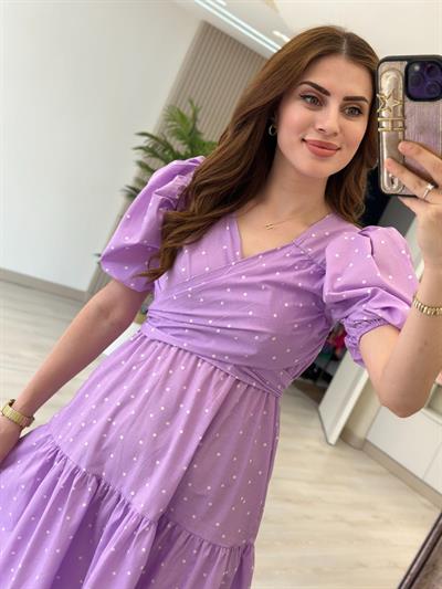 Göğsü Çapraz Bağlamalı Beli Lastikli Puantiyeli Elbise Lila