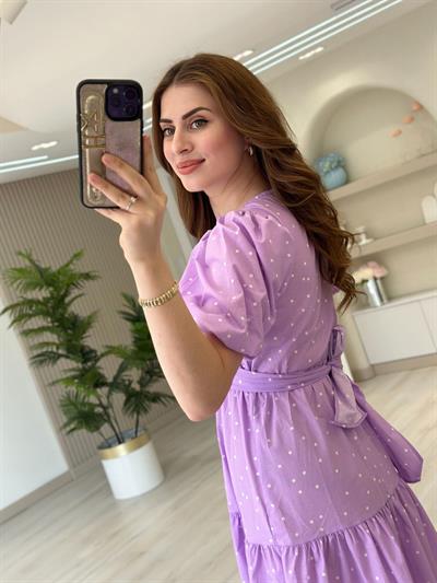 Göğsü Çapraz Bağlamalı Beli Lastikli Puantiyeli Elbise Lila