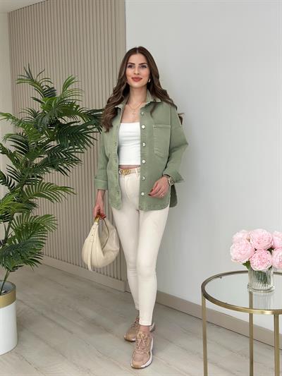 Göğsü Cepli Rahat Kalıp Altı Oval Kesim Kot Ceket Mint Yeşil