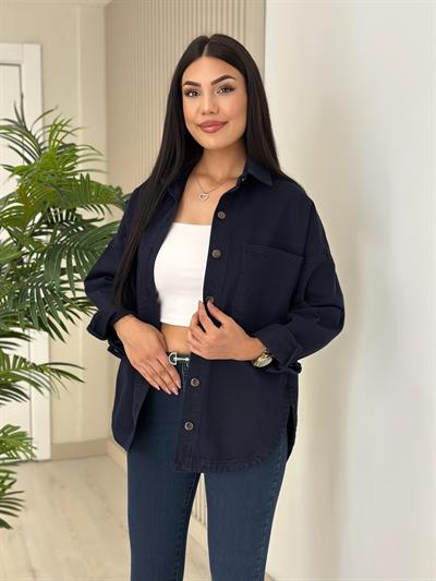 Göğsü Cepli Rahat Kalıp Altı Oval Kesim Kot Ceket Lacivert