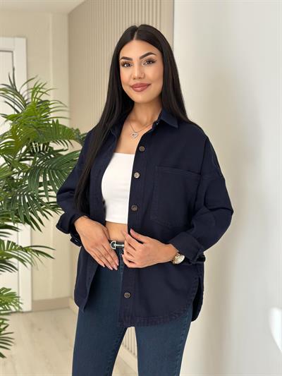 Göğsü Cepli Rahat Kalıp Altı Oval Kesim Kot Ceket Lacivert