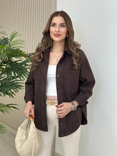 Göğsü Cepli Rahat Kalıp Altı Oval Kesim Kot Ceket Acı Kahve