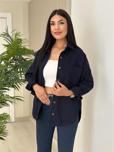 Göğsü Cepli Rahat Kalıp Altı Oval Kesim Kot Ceket Lacivert