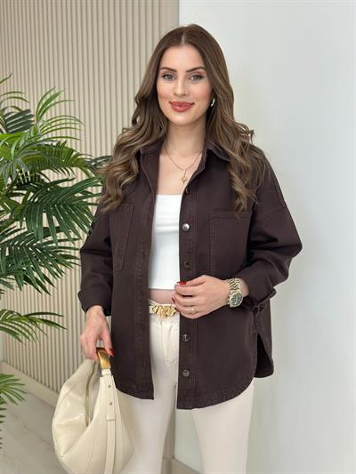 Göğsü Cepli Rahat Kalıp Altı Oval Kesim Kot Ceket Acı Kahve