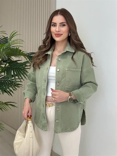 Göğsü Cepli Rahat Kalıp Altı Oval Kesim Kot Ceket Mint Yeşil