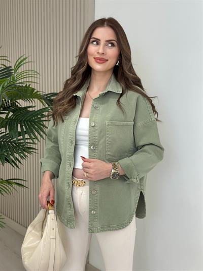Göğsü Cepli Rahat Kalıp Altı Oval Kesim Kot Ceket Mint Yeşil