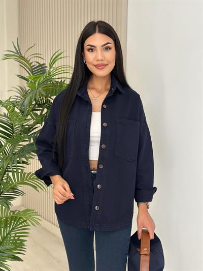 Göğsü Cepli Rahat Kalıp Altı Oval Kesim Kot Ceket Lacivert