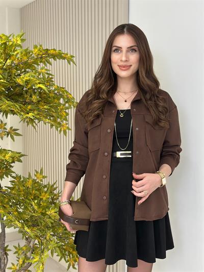 Göğsü Cepli Süet Gömlek Acı Kahve