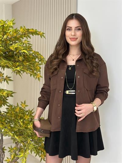 Göğsü Cepli Süet Gömlek Acı Kahve