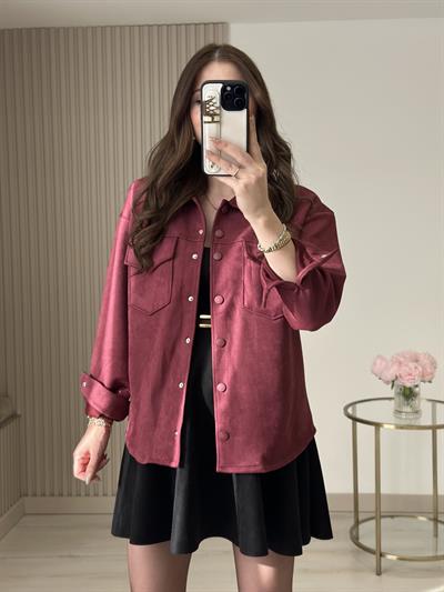 Göğsü Cepli Süet Gömlek Bordo