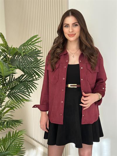Göğsü Cepli Süet Gömlek Bordo