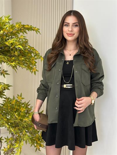 Göğsü Cepli Süet Gömlek Haki Yeşil