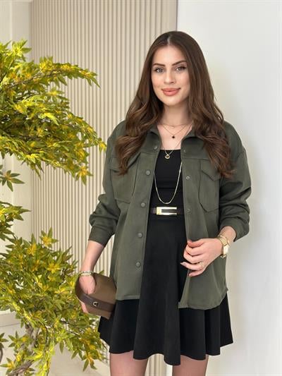 Göğsü Cepli Süet Gömlek Haki Yeşil