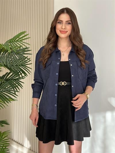 Göğsü Cepli Süet Gömlek Lacivert