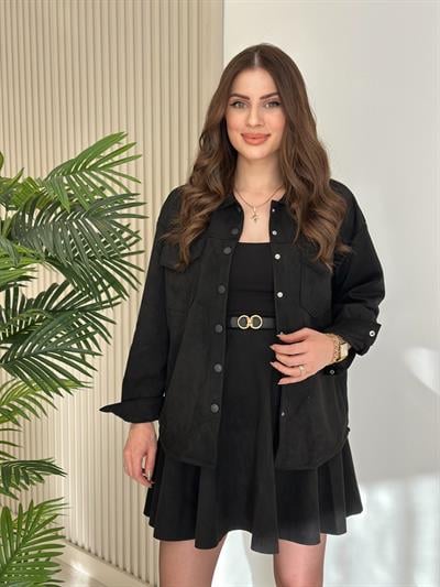 Göğsü Cepli Süet Gömlek Siyah