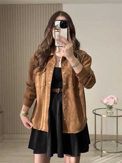 Göğsü Cepli Süet Gömlek Taba