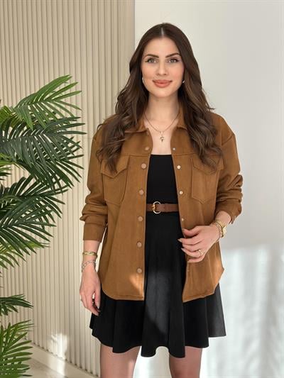 Göğsü Cepli Süet Gömlek Taba