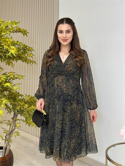 Göğsü Düğüm Detaylı Kloş Tül Elbise Haki