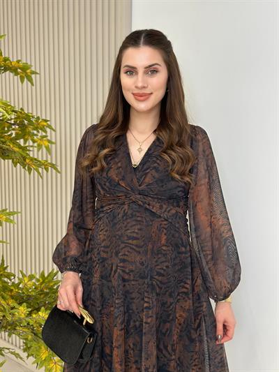 Göğsü Düğüm Detaylı Kloş Tül Elbise Kiremit