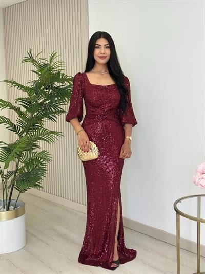 Göğsü Düğüm Detaylı Payetli Tam Boy Abiye Elbise Bordo