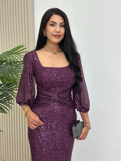 Göğsü Düğüm Detaylı Payetli Tam Boy Abiye Elbise Mor