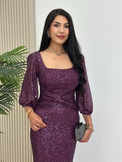 Göğsü Düğüm Detaylı Payetli Tam Boy Abiye Elbise Mor