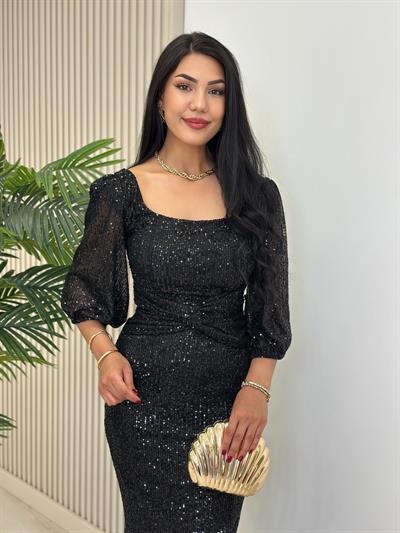 Göğsü Düğüm Detaylı Payetli Tam Boy Abiye Elbise Siyah