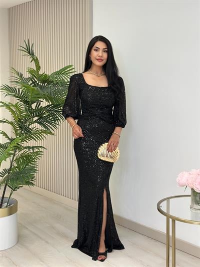 Göğsü Düğüm Detaylı Payetli Tam Boy Abiye Elbise Siyah