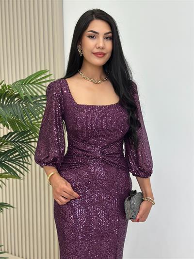 Göğsü Düğüm Detaylı Payetli Tam Boy Abiye Elbise Mor