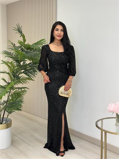 Göğsü Düğüm Detaylı Payetli Tam Boy Abiye Elbise Siyah