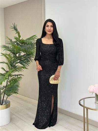 Göğsü Düğüm Detaylı Payetli Tam Boy Abiye Elbise Siyah