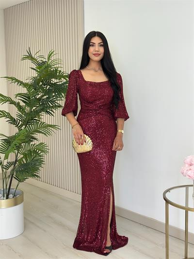 Göğsü Düğüm Detaylı Payetli Tam Boy Abiye Elbise Bordo