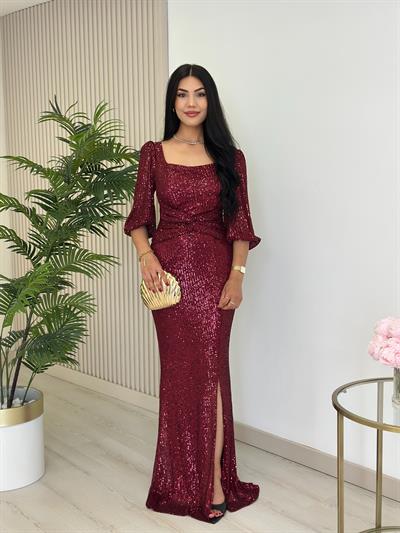 Göğsü Düğüm Detaylı Payetli Tam Boy Abiye Elbise Bordo