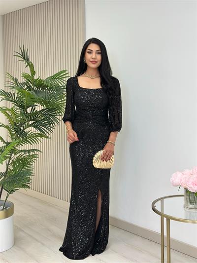 Göğsü Düğüm Detaylı Payetli Tam Boy Abiye Elbise Siyah