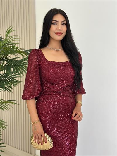 Göğsü Düğüm Detaylı Payetli Tam Boy Abiye Elbise Bordo