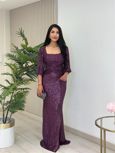 Göğsü Düğüm Detaylı Payetli Tam Boy Abiye Elbise Mor