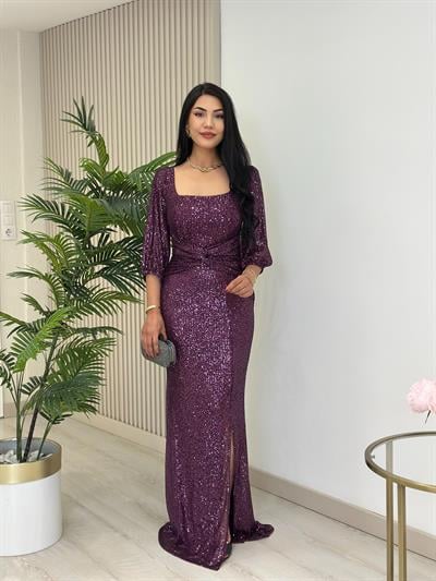 Göğsü Düğüm Detaylı Payetli Tam Boy Abiye Elbise Mor