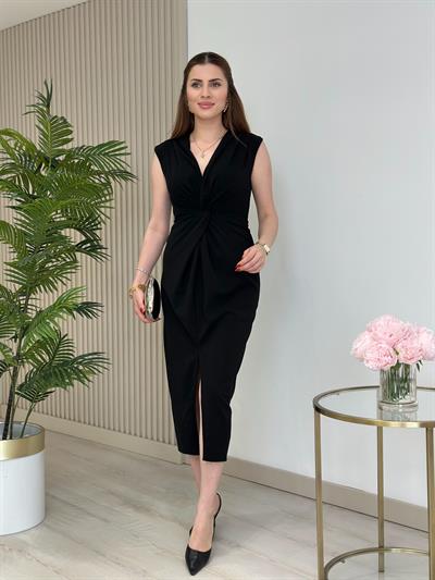 Göğsü Düğüm Detaylı Yırtmaçlı Krep Kumaş Elbise Siyah 