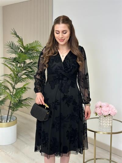 Göğsü Düğümlü Flok Baskılı Kloş Elbise Siyah