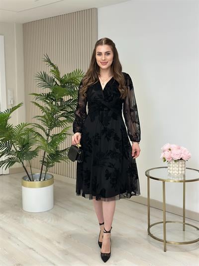 Göğsü Düğümlü Flok Baskılı Kloş Elbise Siyah