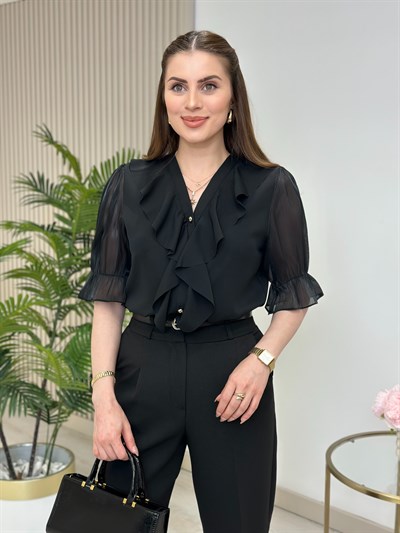 Göğsü Fırfır Detaylı Kısa Kollu Gömlek Siyah