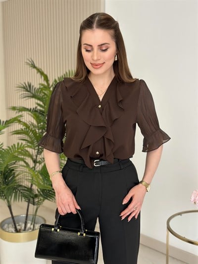 Göğsü Fırfır Detaylı Kısa Kollu Gömlek Kahve