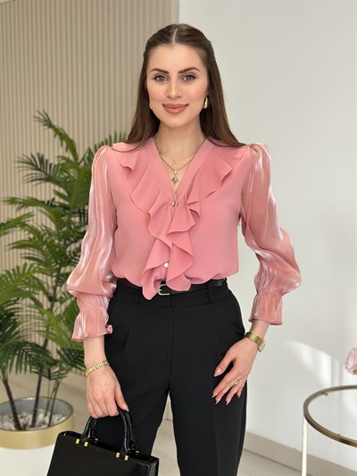 Göğsü Fırfır Detaylı Parlak Şifon Kol Gömlek Gül Kurusu