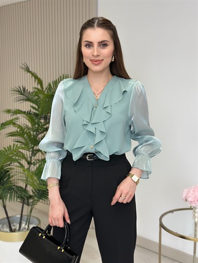Göğsü Fırfır Detaylı Parlak Şifon Kol Gömlek Su Yeşili
