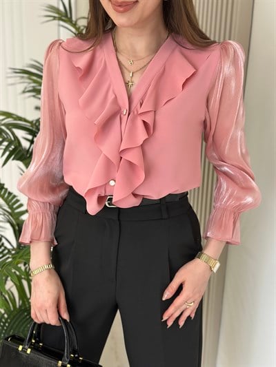 Göğsü Fırfır Detaylı Parlak Şifon Kol Gömlek Gül Kurusu