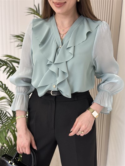 Göğsü Fırfır Detaylı Parlak Şifon Kol Gömlek Su Yeşili