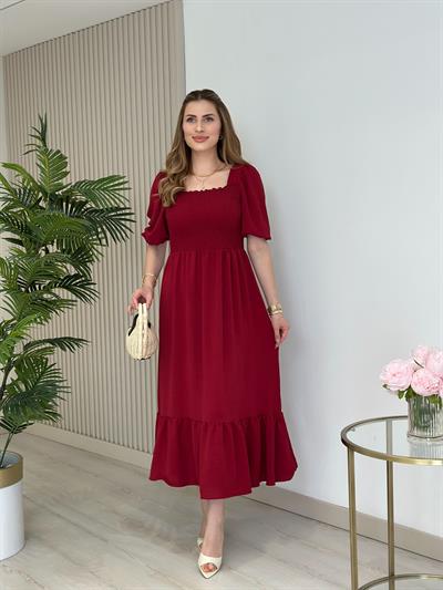 Göğsü Gipeli Kare Yaka Elbise Bordo