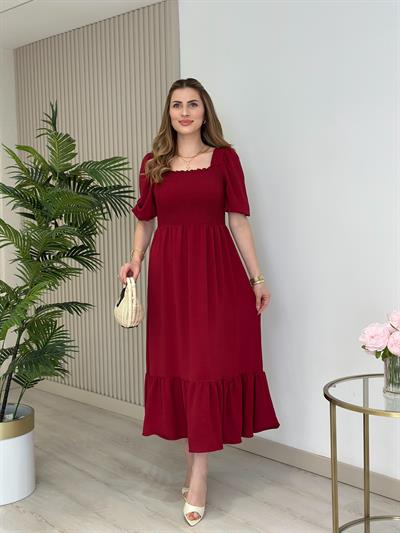 Göğsü Gipeli Kare Yaka Elbise Bordo