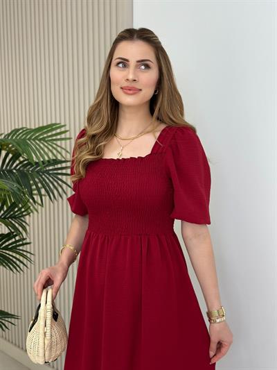 Göğsü Gipeli Kare Yaka Elbise Bordo